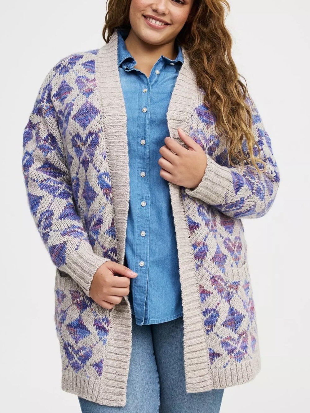 Torrid Sweater 1X Cardigan Open Front Jacquard Pockets Relaxed Fit Plus Size NWT